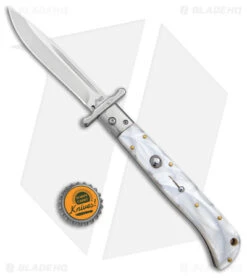 Italian Style 11" Roma Drop Point Auto Swinguard White Pearlex (4.6" Polished) -Swiz Knives Shop AKC 11in Roma Auto Swinguard DP White Pearlex Polished BHQ 152966 jr bottlecap