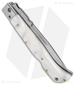 Italian Style 11" Roma Drop Point Auto Swinguard White Pearlex (4.6" Polished) -Swiz Knives Shop AKC 11in Roma Auto Swinguard DP White Pearlex Polished BHQ 152966 jr side