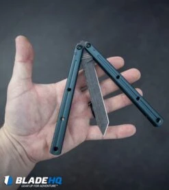 Squid Industries Krake Raken V2 Balisong Knife MATTE Gunmetal (4.5" Acid Wash) -Swiz Knives Shop Squid Industries Krake Raken Tanto Balisong Knife MATTE Gunmetal Acid Wash BHQ 103496 kp in hand web