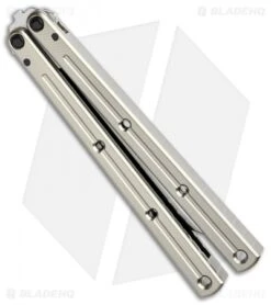 Squid Industries Krake Raken V2 Balisong Butterfly Knife Silver (4.5" Satin) -Swiz Knives Shop Squid Industries Krake Raken V2 Tanto Balisong Silver Satin BHQ 101531 jr side 1
