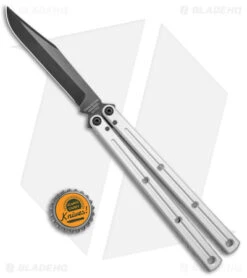 Squid Industries Krake Raken Bowie V2.5 Balisong Knife Matte Silver (4.5" Inked) -Swiz Knives Shop Squid Industries Krake Raken V2.5 Balisong DP Matte Silver Black BHQ 141432 jr bottlecap