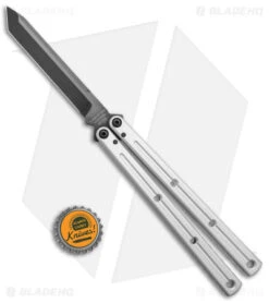 Squid Industries Krake Raken V2.5 Tanto Balisong Knife Matte Silver (4.5" Inked) -Swiz Knives Shop Squid Industries Krake Raken V2.5 Balisong Tanto Matte Silver Black BHQ 141431 jr bottlecap