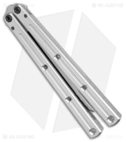 Squid Industries Krake Raken V2.5 Bowie Balisong Knife Silver (4.5" Satin) -Swiz Knives Shop Squid Industries Krake Raken V2.5 Bowie Balisong Satin BHQ 115311 jr side