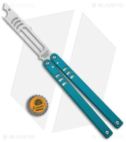 Squid Industries Mako V4.5 Bottle Opener Balisong Trainer Teal (4.3" SW) -Swiz Knives Shop Squid Industries Mako V4.5 Bottle Opener Balisong Trainer Teal SW BHQ 177934 jr bottlecap