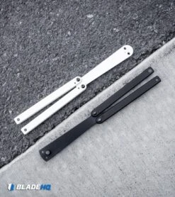Squid Industries Squiddy Butterfly Balisong Trainer White PVC (4.3" White) -Swiz Knives Shop Squid Industries Squiddy B Butterfly Balisong Trainer Black Acetal Black BHQ 113611 kp black white web 1